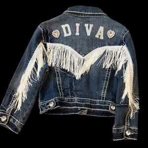 Custom One Of A Kind "Diva" Fringe and Rhinestone Jean Denim Jacket  Kids Size L